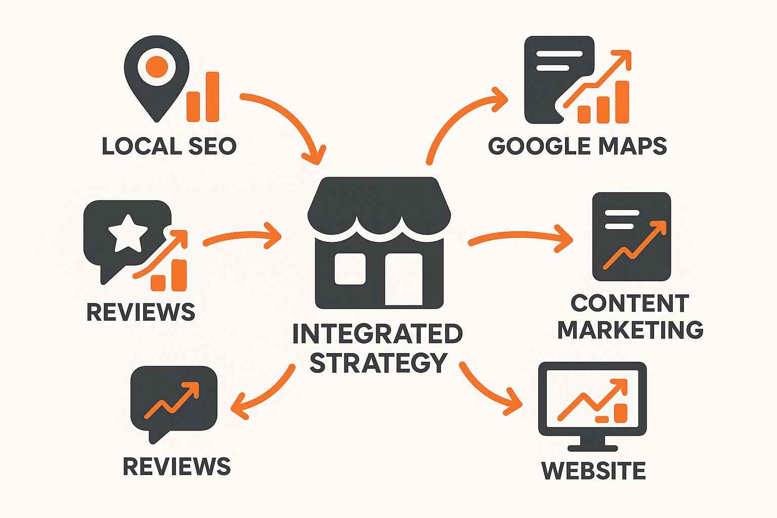 Digital marketing strategy diagram showing integrated channels including local SEO, GBP optimization, content marketing, and reputation management for Northern Illinois businesses