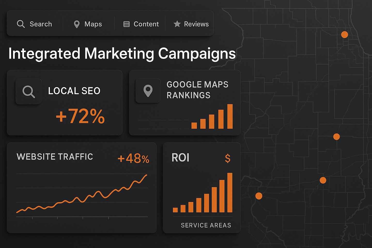 Digital marketing services dashboard showing integrated campaigns, local SEO results, and ROI metrics for Northern Illinois businesses