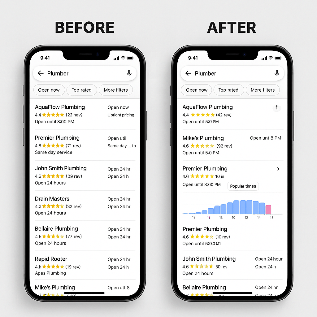 Before and after comparison showing Google Business Profile ranking improvement from invisible to top 3 Google Maps position for Rockford Illinois business