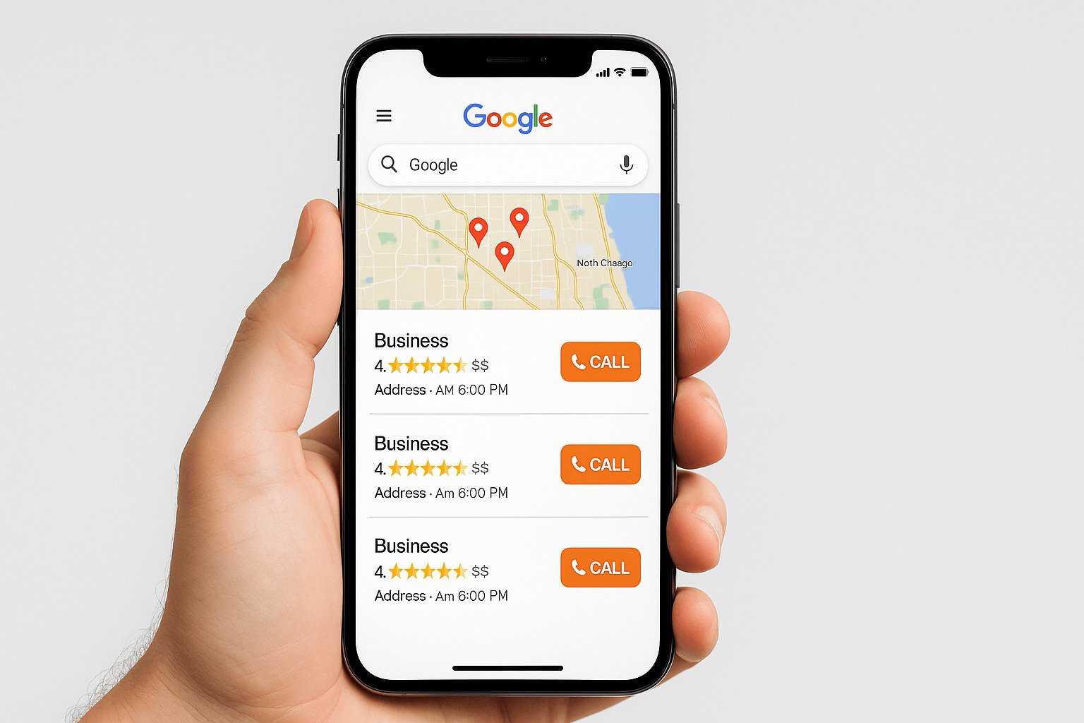 Mobile phone showing local SEO search results for Northern Illinois businesses with Google Maps integration and click-to-call functionality