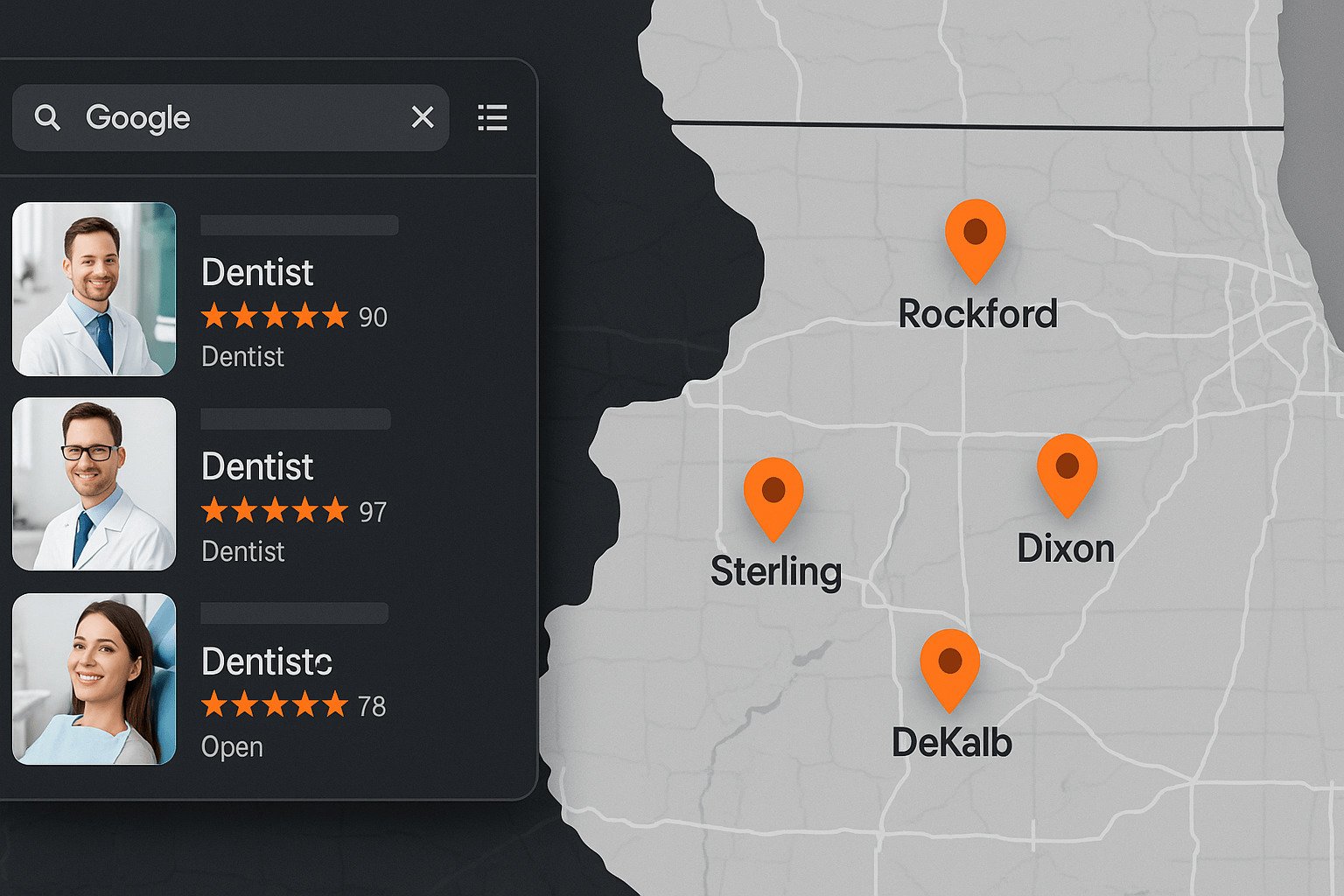 Local SEO Northern Illinois showing Google Maps rankings and local search results for businesses in Rockford, Sterling, Dixon, and DeKalb area