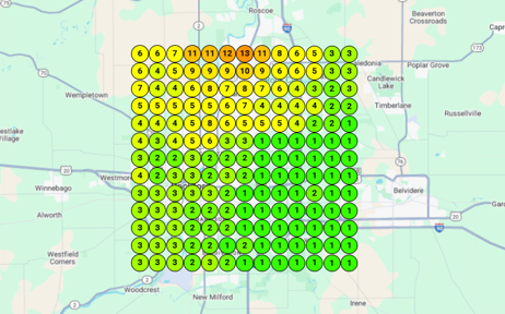 After: Complete city coverage with green dots