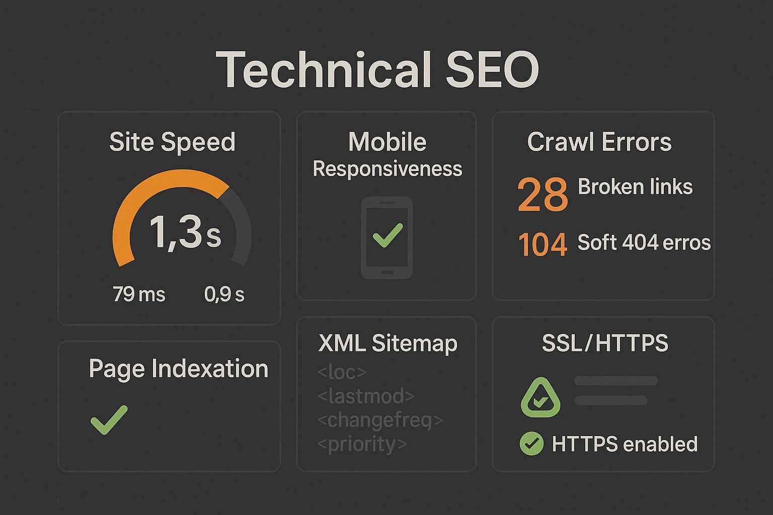 Technical SEO audit interface showing site speed analysis, mobile optimization, and crawl error detection for Northern Illinois businesses